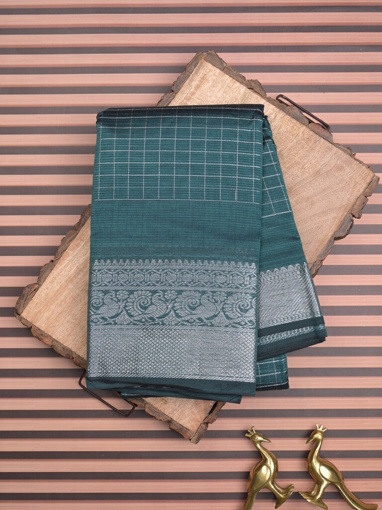 Mangalagiri pattu saree bluish grey color allover zari checks & zari border with striped pallu and plain blouse