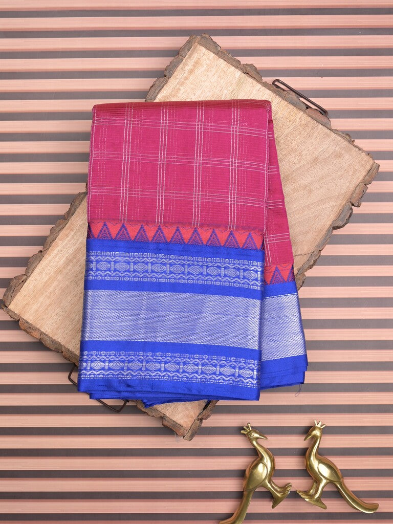 Mangalagiri pattu saree magenta color allover zari checks & zari border with striped pallu and plain blouse
