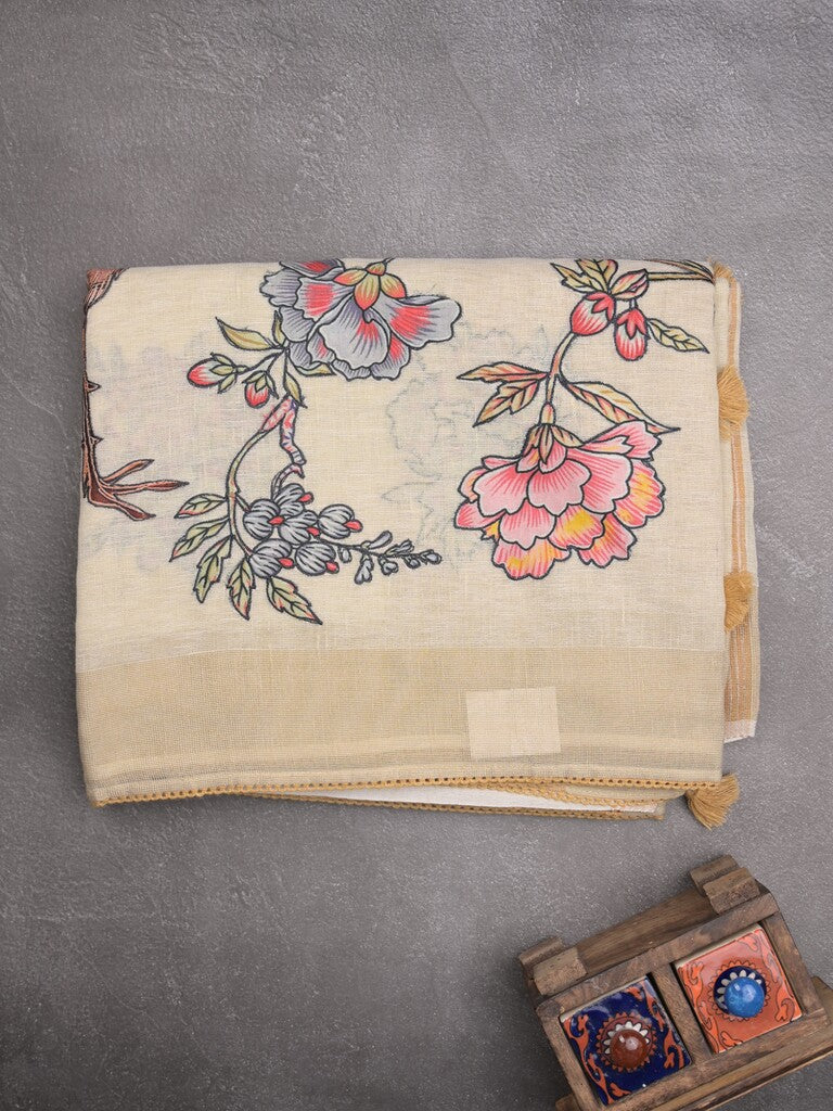 Lenin fancy saree half white color allover plain & fancy border with contrast pallu and attached plain blouse