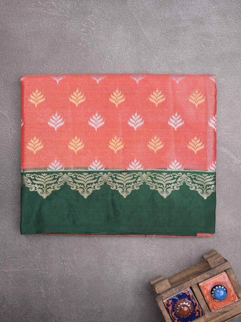 Dupion tissue fancy saree orange color allover zari motifs & zari border with rich pallu and attached blouse