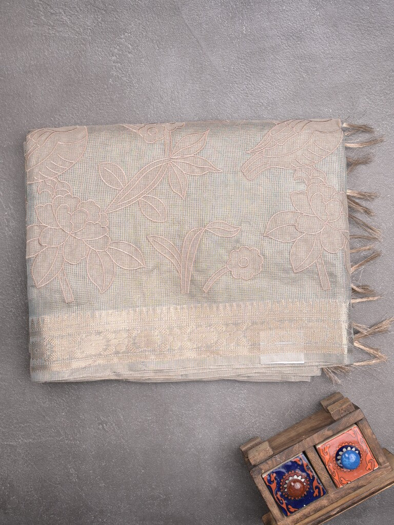 Kota tissue fancy sraee grey color allover embroidery & zari border with short pallu and attached self blouse