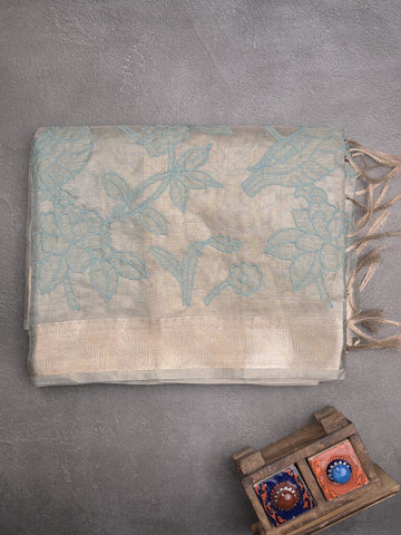 Kota tissue fancy sraee light blue color allover embroidery & zari border with short pallu and attached self blouse