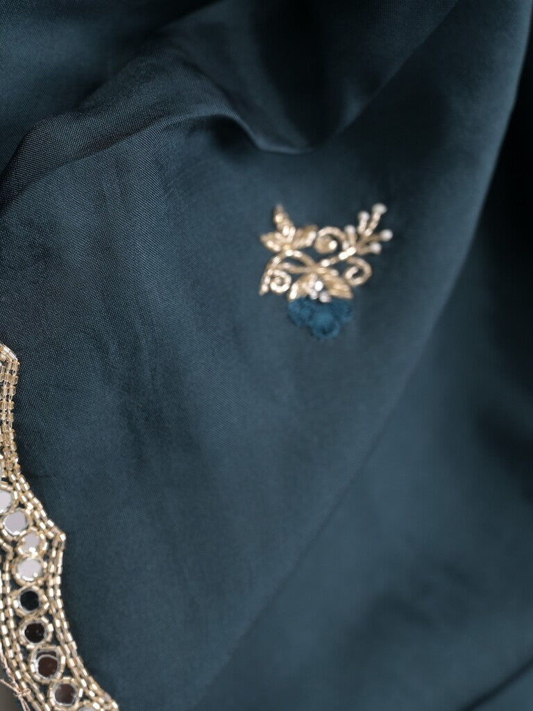 Tabby silk fancy saree navy blue color allover plain, embroidery motifs & embroidery border with running pallu and designer blouse