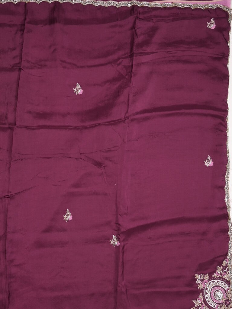 Tabby silk fancy saree wine color allover plain, embroidery motifs & embroidery border with running pallu and designer blouse