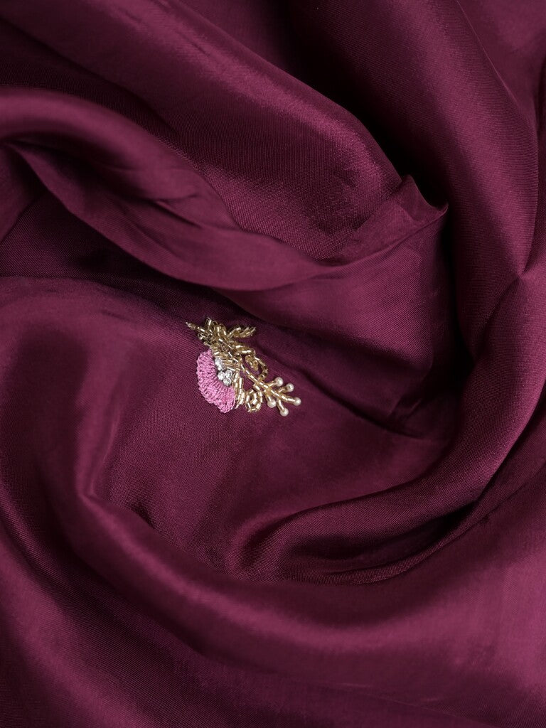Tabby silk fancy saree wine color allover plain, embroidery motifs & embroidery border with running pallu and designer blouse