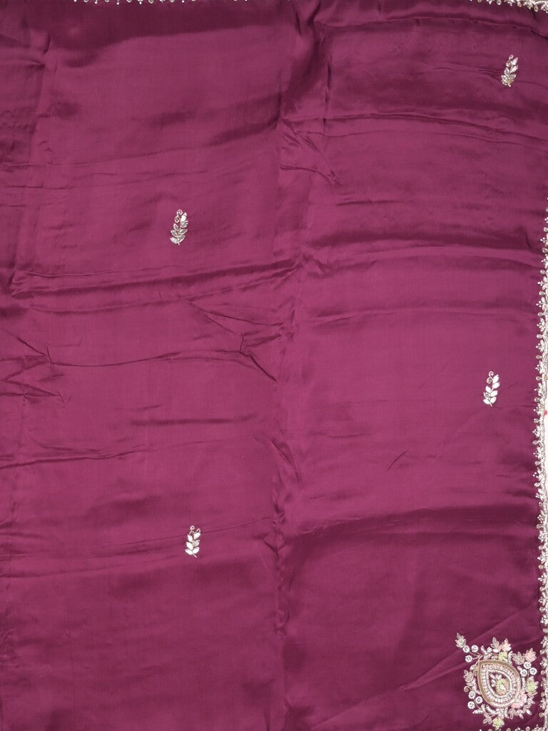 Tabby silk fancy saree dark purple color allover plain, embroidery motifs & embroidery border with running pallu and designer blouse