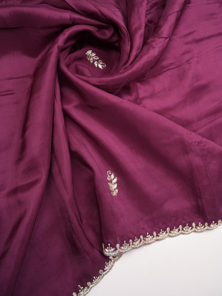 Tabby silk fancy saree dark purple color allover plain, embroidery motifs & embroidery border with running pallu and designer blouse