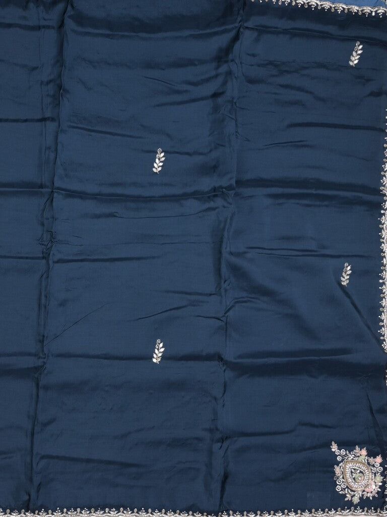 Tabby silk fancy saree navy blue color allover plain, embroidery motifs & embroidery border with running pallu and designer blouse