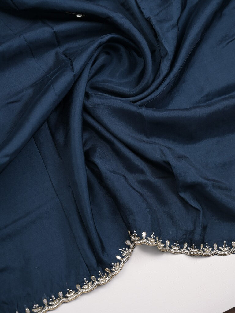 Tabby silk fancy saree navy blue color allover plain, embroidery motifs & embroidery border with running pallu and designer blouse