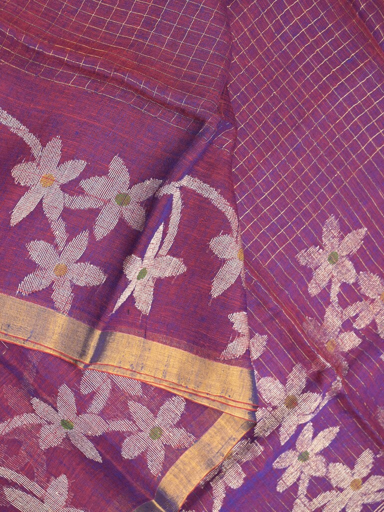 Jute lenin fancy saree dark purple color allover checks & zari border with zari weaving pallu and attached self blouse