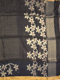 Jute lenin fancy saree black color allover checks & zari border with zari weaving pallu and attached self blouse
