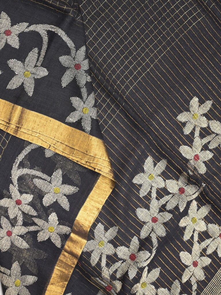 Jute lenin fancy saree black color allover checks & zari border with zari weaving pallu and attached self blouse