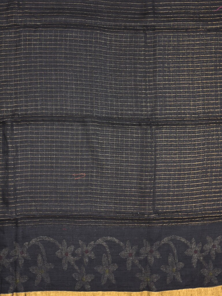 Jute lenin fancy saree black color allover checks & zari border with zari weaving pallu and attached self blouse