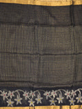 Jute lenin fancy saree black color allover checks & zari border with zari weaving pallu and attached self blouse