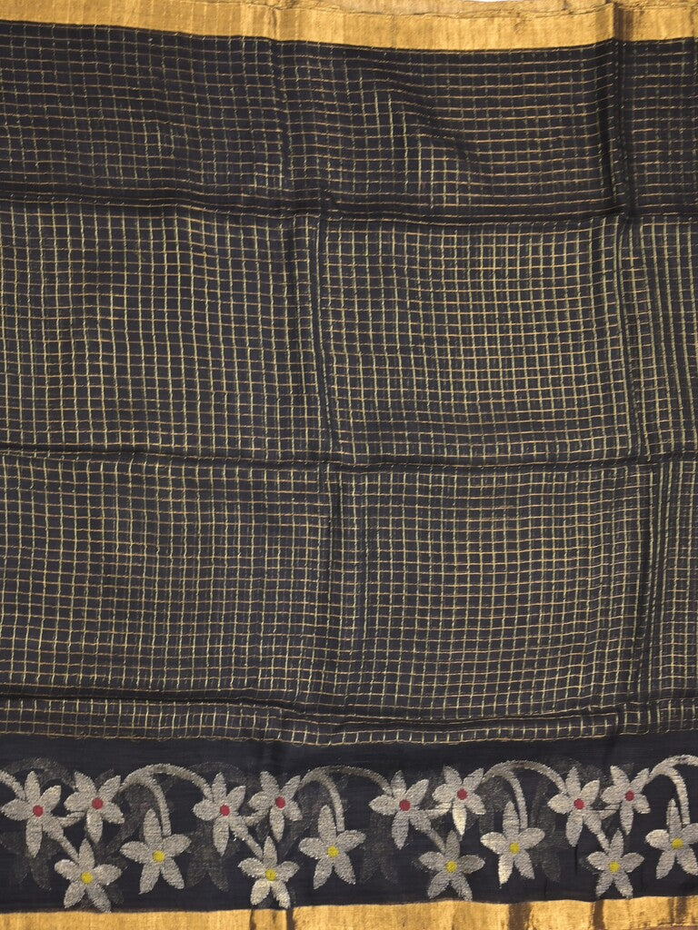 Jute lenin fancy saree black color allover checks & zari border with zari weaving pallu and attached self blouse