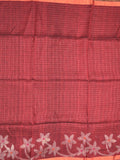 Jute lenin fancy saree maroon color allover checks & zari border with zari weaving pallu and attached self blouse