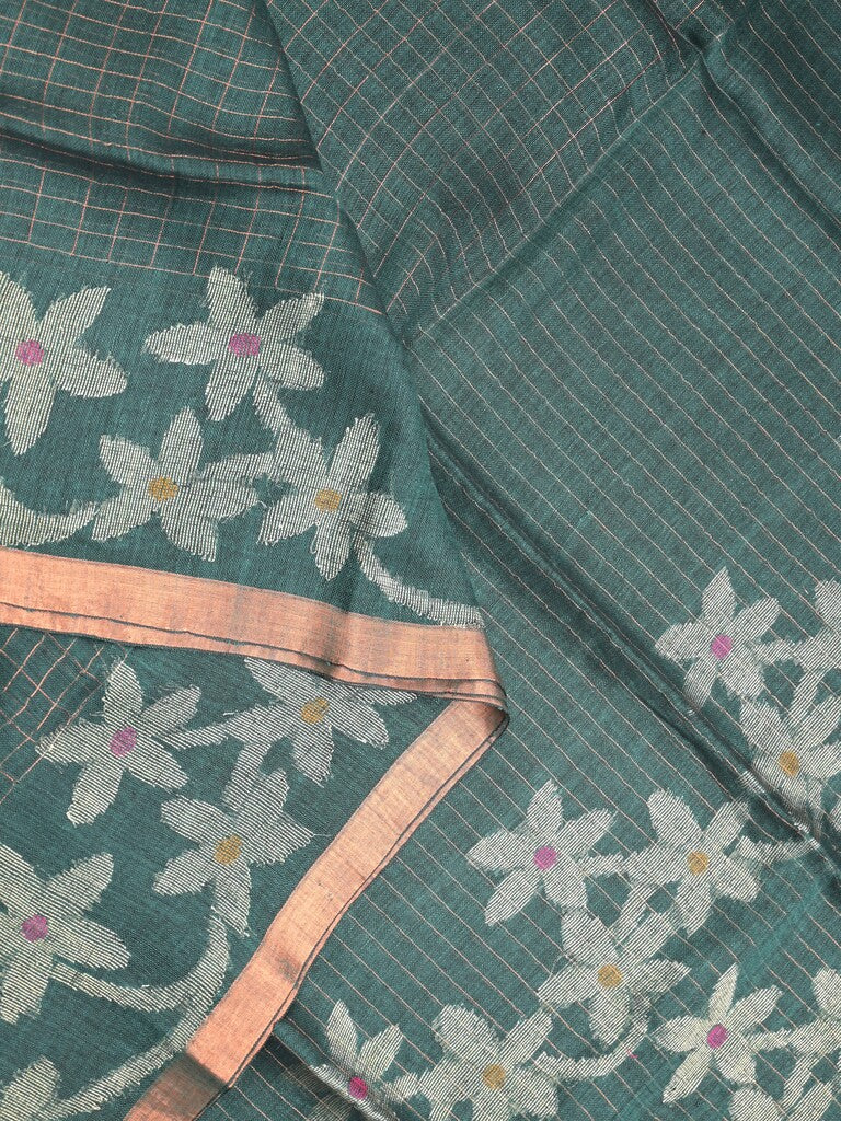 Jute lenin fancy saree dark green color allover checks & zari border with zari weaving pallu and attached self blouse
