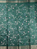 Dola silk fancy saree leaf green color allover digital prints & zari border with printed pallu and printed blouse