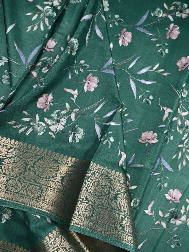 Dola silk fancy saree leaf green color allover digital prints & zari border with printed pallu and printed blouse