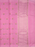 Chanderi fancy saree pink color allover embroidery motifs & kaddi border with short zari pallu and attached plain blouse