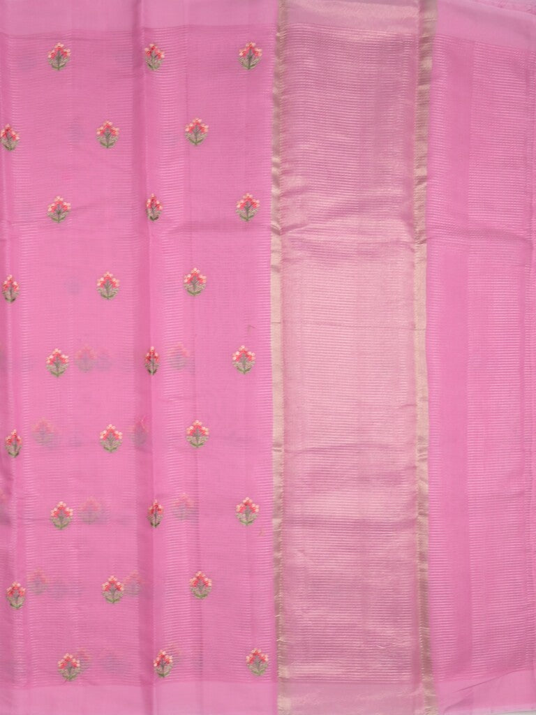 Chanderi fancy saree pink color allover embroidery motifs & kaddi border with short zari pallu and attached plain blouse