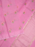 Chanderi fancy saree pink color allover embroidery motifs & kaddi border with short zari pallu and attached plain blouse