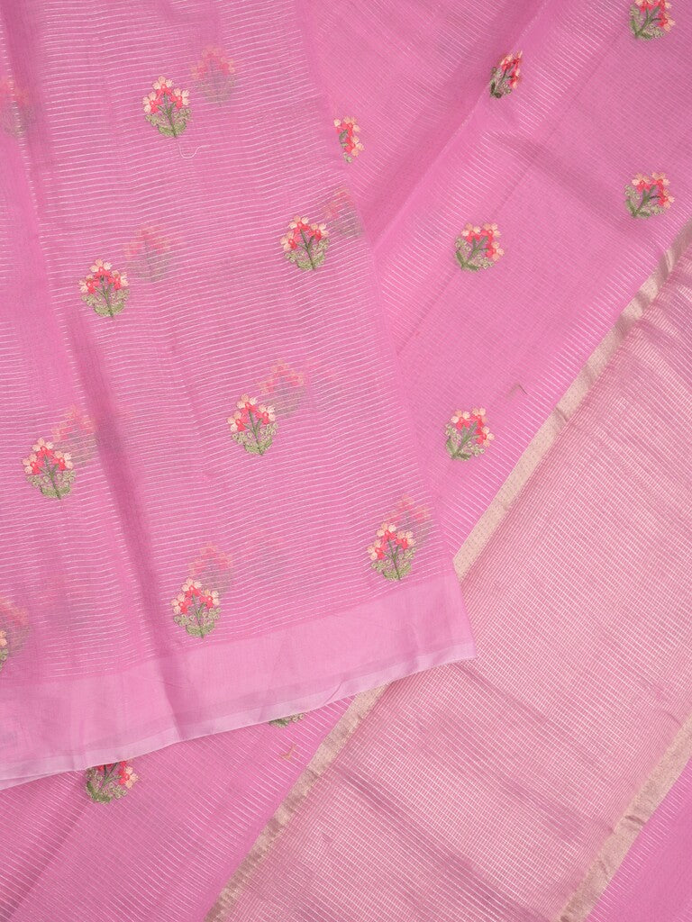 Chanderi fancy saree pink color allover embroidery motifs & kaddi border with short zari pallu and attached plain blouse