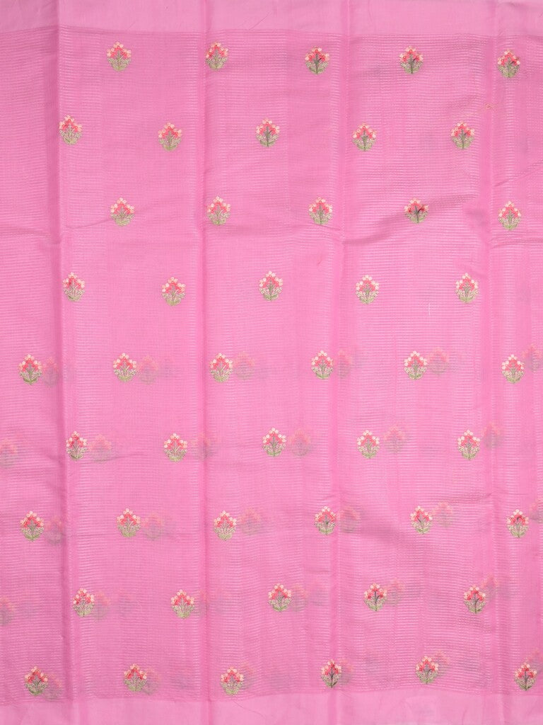 Chanderi fancy saree pink color allover embroidery motifs & kaddi border with short zari pallu and attached plain blouse
