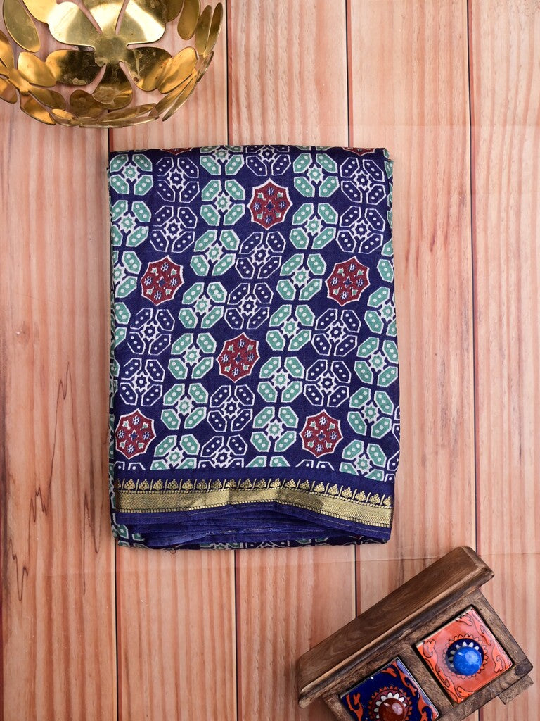 Maheswari fancy saree royal blue allover prints & small zari border with printed pallu and attached plain blouse