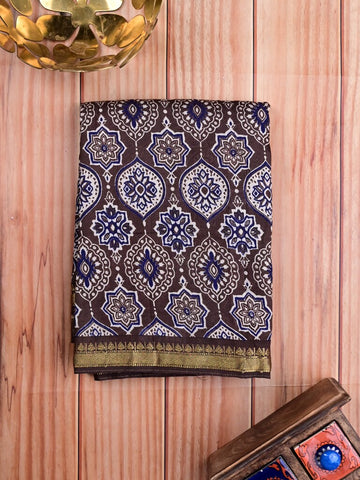 Maheswari fancy saree brown allover prints & small zari border with printed pallu and attached plain blouse