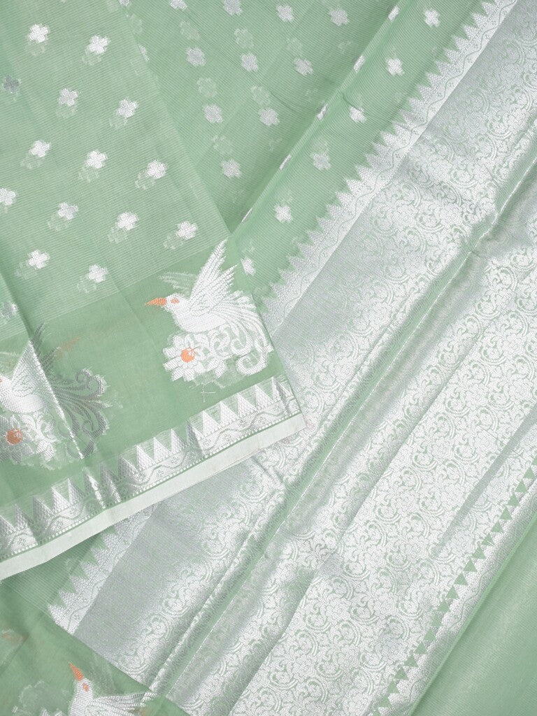 Chanderi fancy saree pista green color allover zari motifs & zari border with short pallu and brocade blouse