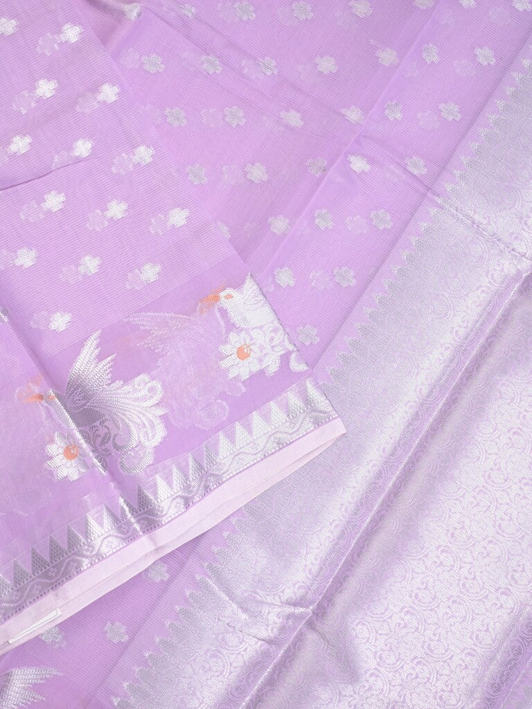 Chanderi fancy saree lavender color allover zari motifs & zari border with short pallu and brocade blouse