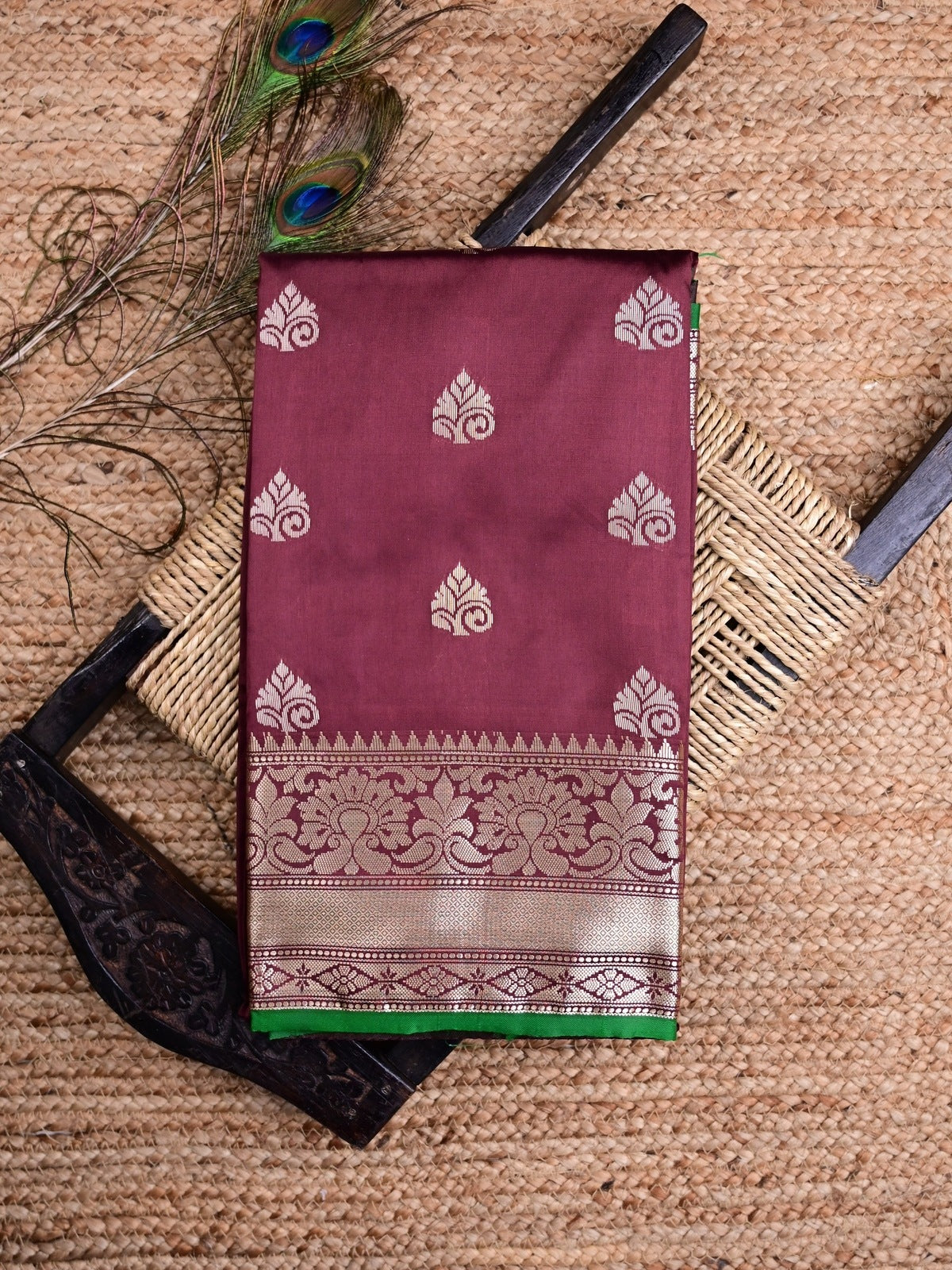 Banaras fancy saree wine color allover zari motifs & zari border with rich pallu and contrast plain blouse