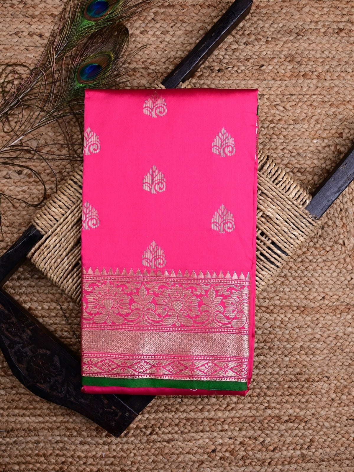 Banaras fancy saree rose pink color allover zari motifs & zari border with rich pallu and contrast plain blouse