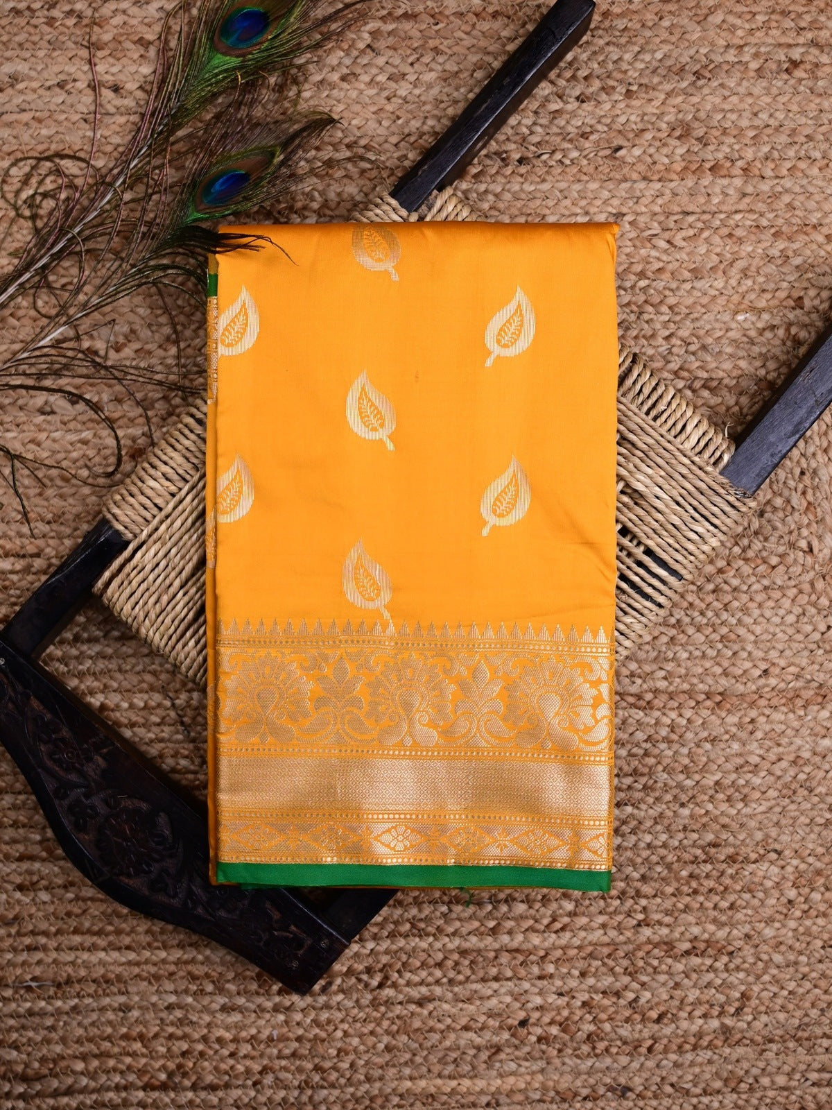 Banaras fancy saree yellow color allover zari motifs & zari border with rich pallu and contrast plain blouse