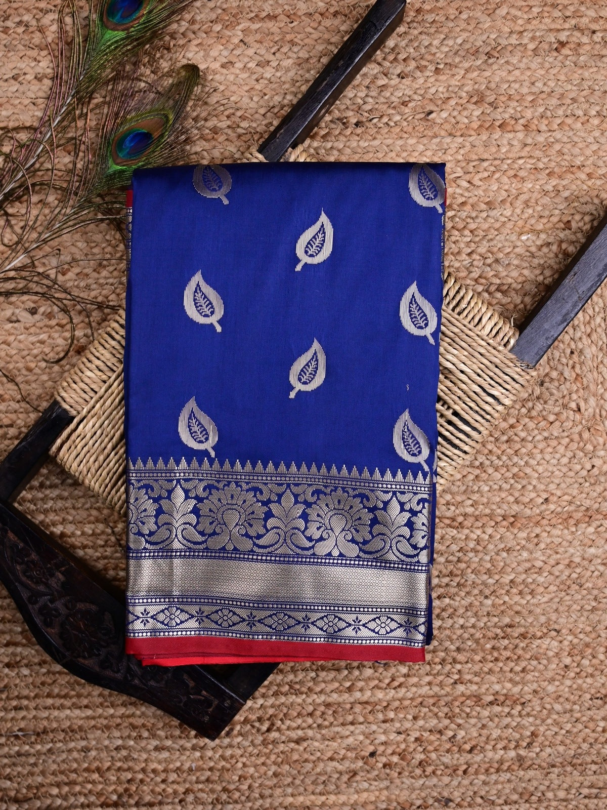 Banaras fancy saree royal blue color allover zari motifs & zari border with rich pallu and contrast plain blouse