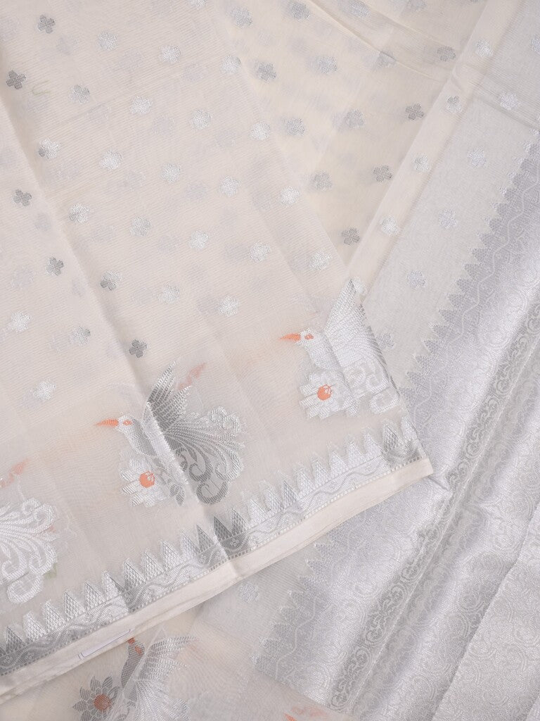 Chanderi fancy saree half white color allover zari motifs & zari border with short pallu and brocade blouse