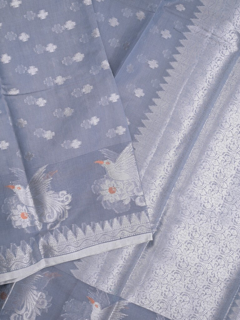 Chanderi fancy saree grey color allover zari motifs & zari border with short pallu and brocade blouse