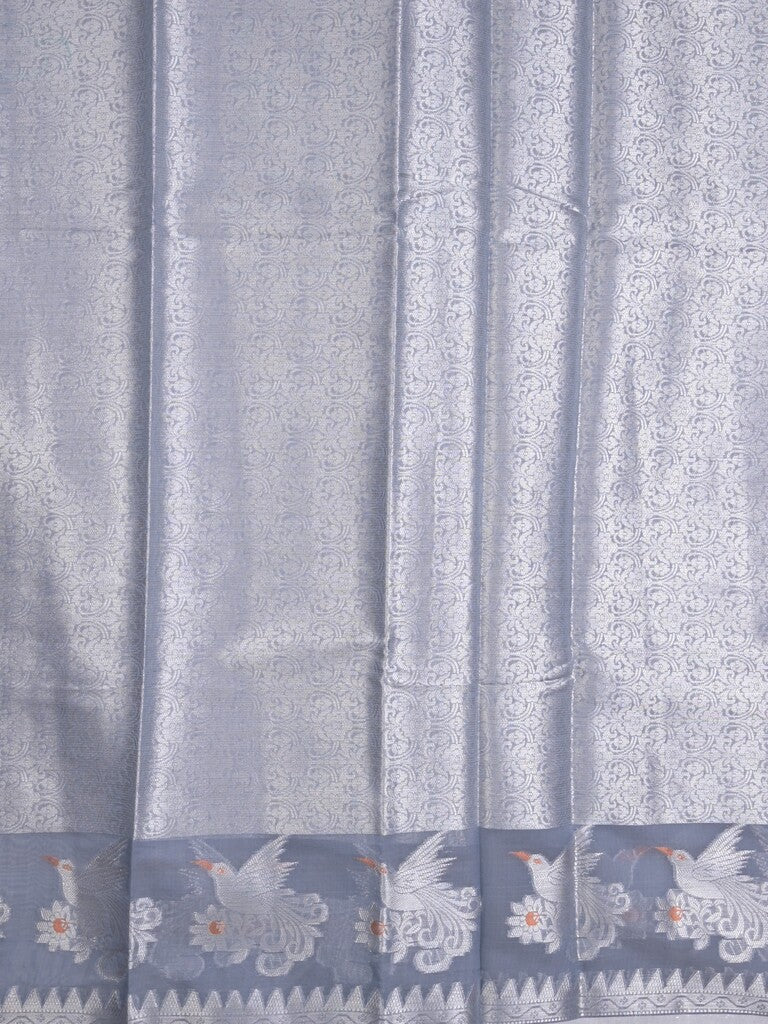 Chanderi fancy saree grey color allover zari motifs & zari border with short pallu and brocade blouse