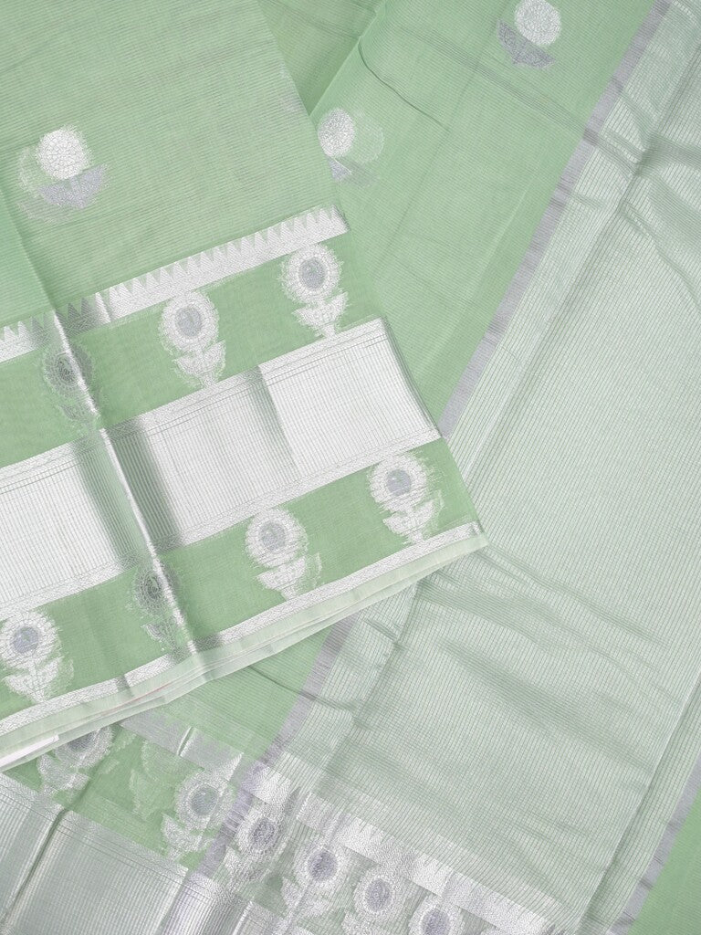 Chanderi fancy saree pista green color allover zari motifs & zari border with short zari pallu and attached plain blouse