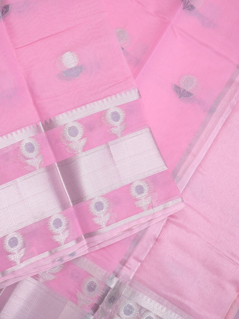 Chanderi fancy saree light pink color allover zari motifs & zari border with short zari pallu and attached plain blouse