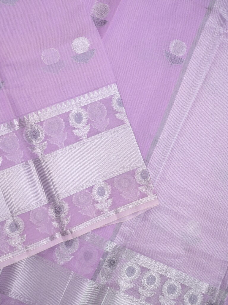 Chanderi fancy saree lavender color allover zari motifs & zari border with short zari pallu and attached plain blouse