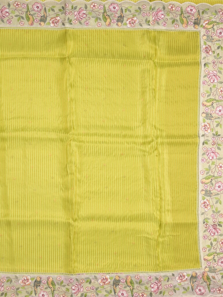 Dola tissue fancy saree parrot green color allover stripes & embroidery cutwork border with running pallu and plain blouse