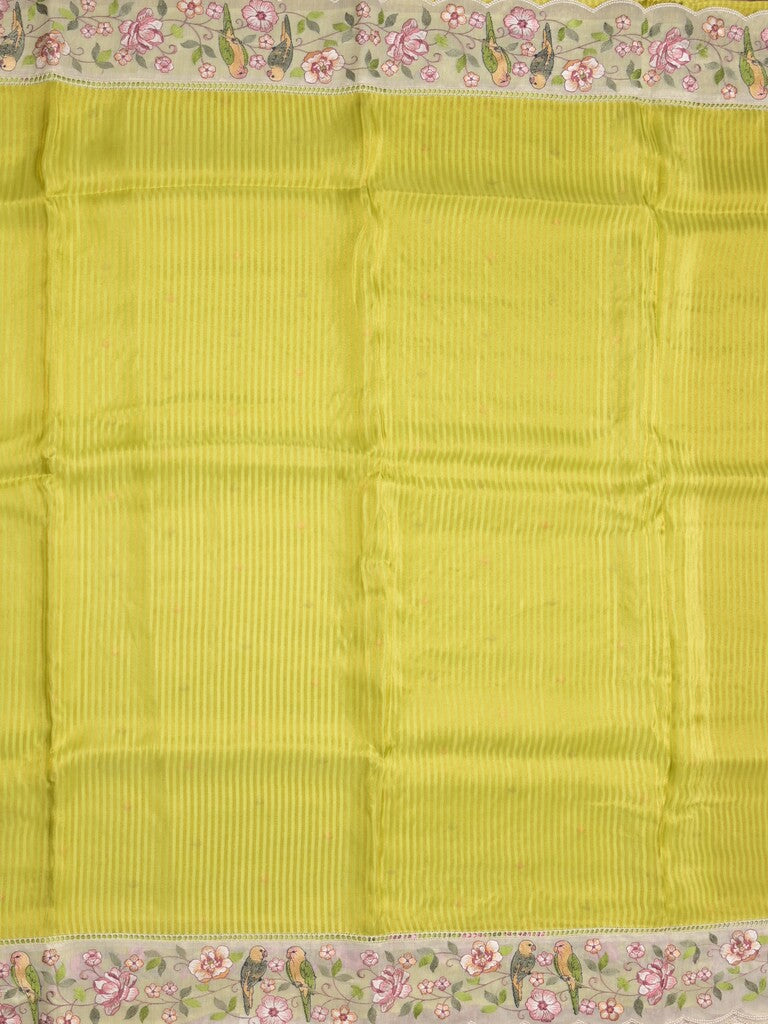 Dola tissue fancy saree parrot green color allover stripes & embroidery cutwork border with running pallu and plain blouse