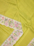 Dola tissue fancy saree parrot green color allover stripes & embroidery cutwork border with running pallu and plain blouse