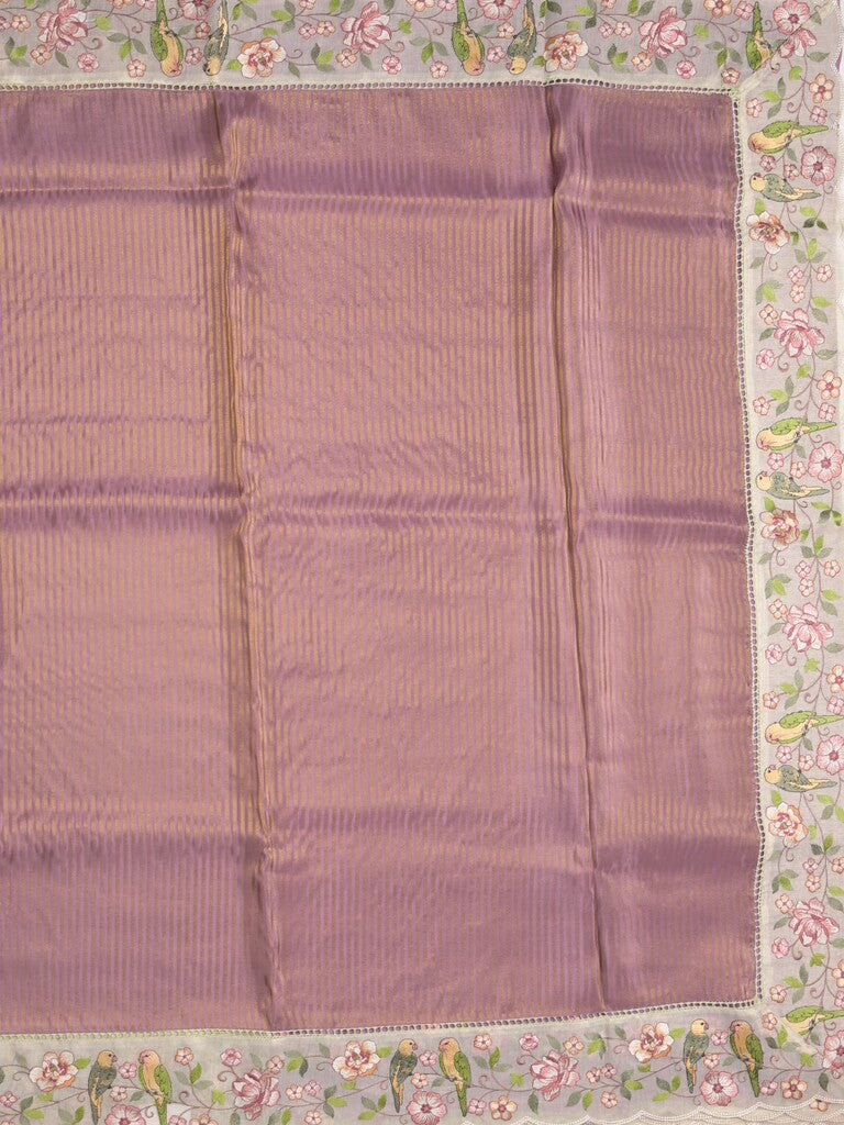 Dola tissue fancy saree brownish pink color allover stripes & embroidery cutwork border with running pallu and plain blouse