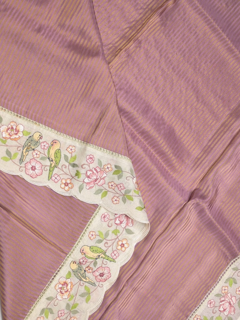 Dola tissue fancy saree brownish pink color allover stripes & embroidery cutwork border with running pallu and plain blouse