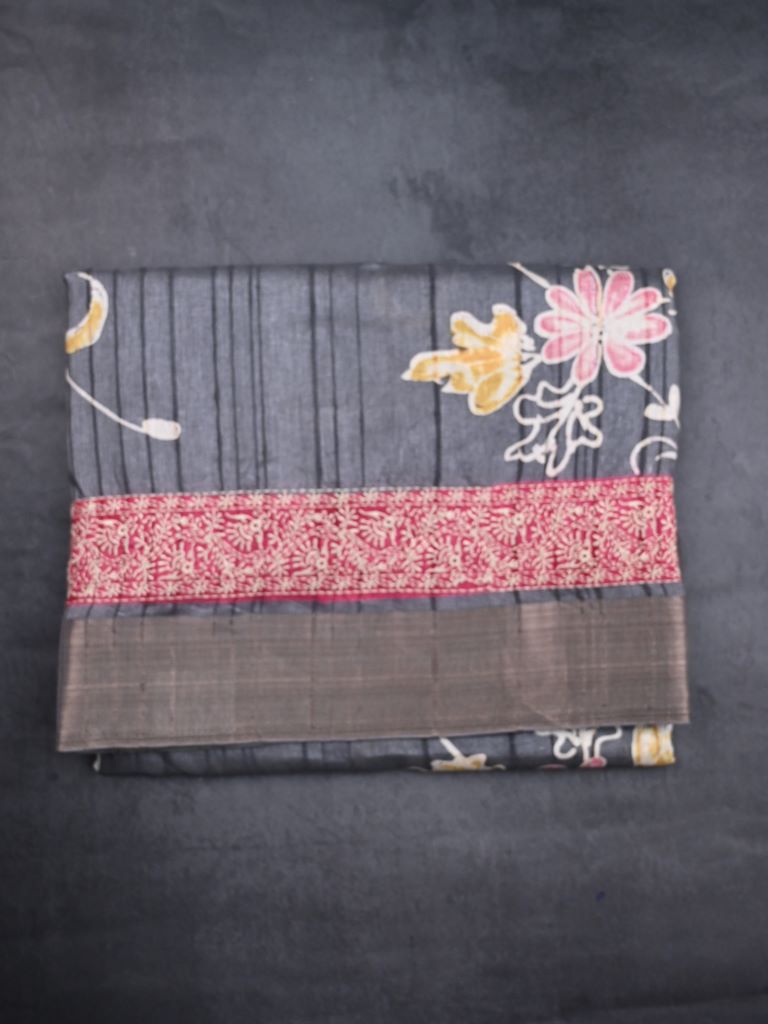 Tussar fancy saree grey color allover digital prints & zari border with contrast pallu and plain blouse