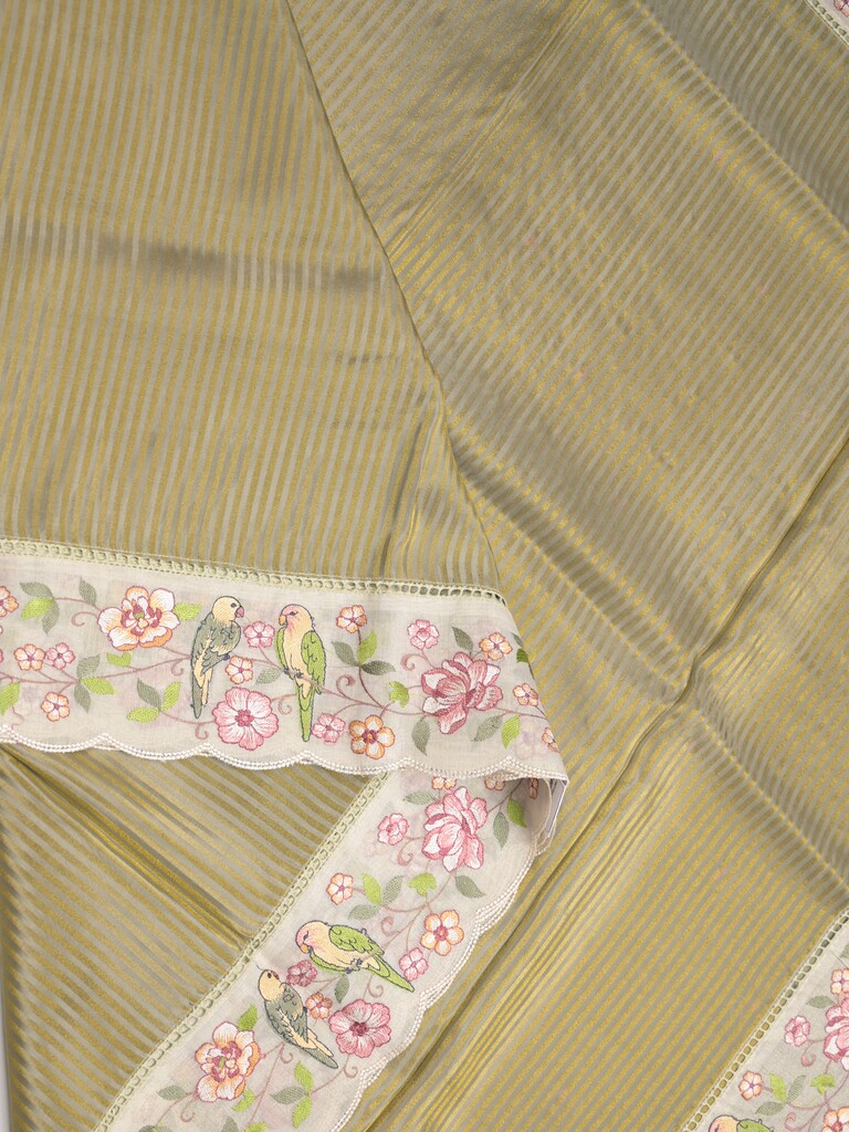 Dola tissue fancy saree olive green color allover stripes & embroidery cutwork border with running pallu and plain blouse