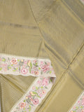 Dola tissue fancy saree olive green color allover stripes & embroidery cutwork border with running pallu and plain blouse